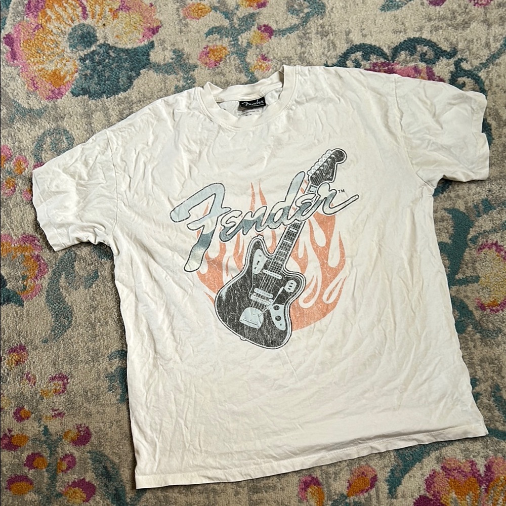 Cotton On Cream Tee with Guitar and Flame Design